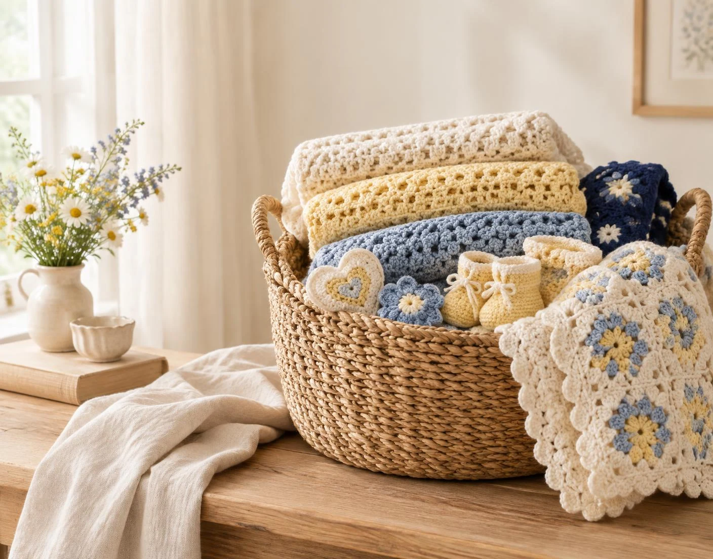 A basket of handmade crochet pieces in soft blues, yellows, and cream